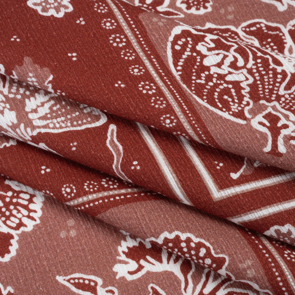 Slubbed Gauzy Cotton Woven - Brick Red and Dusty Rose Floral Handkerchief Panel - Mood Exclusive Needlepoint Picnic Print - Folded