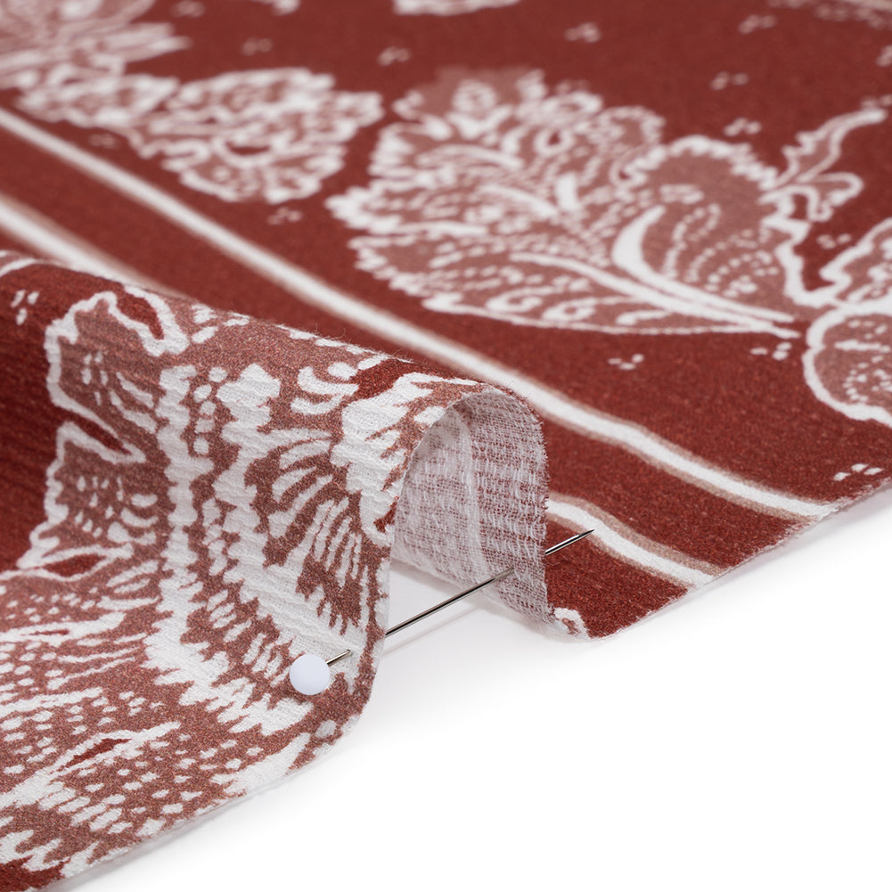 Slubbed Gauzy Cotton Woven - Brick Red and Dusty Rose Floral Handkerchief Panel - Mood Exclusive Needlepoint Picnic Print - Detail
