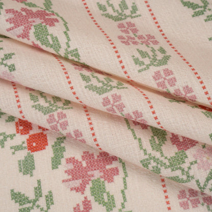 Slubbed Gauzy Cotton Woven - Pale Peach, Pink and Green Cross Stitch Berries and Flowers Stripes - Mood Exclusive Needlepoint Petals Print