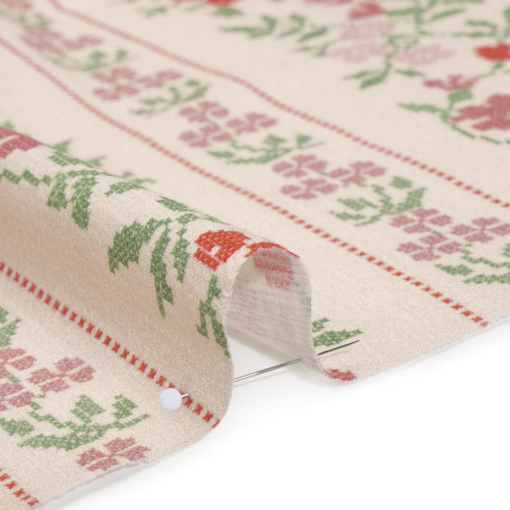 Slubbed Gauzy Cotton Woven - Pale Peach, Pink and Green Cross Stitch Berries and Flowers Stripes - Mood Exclusive Needlepoint Petals Print - Detail