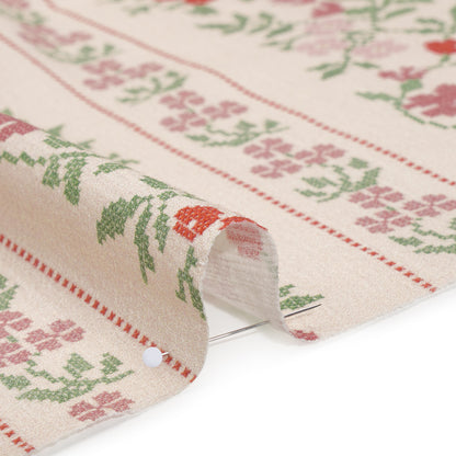 Slubbed Gauzy Cotton Woven - Pale Peach, Pink and Green Cross Stitch Berries and Flowers Stripes - Mood Exclusive Needlepoint Petals Print