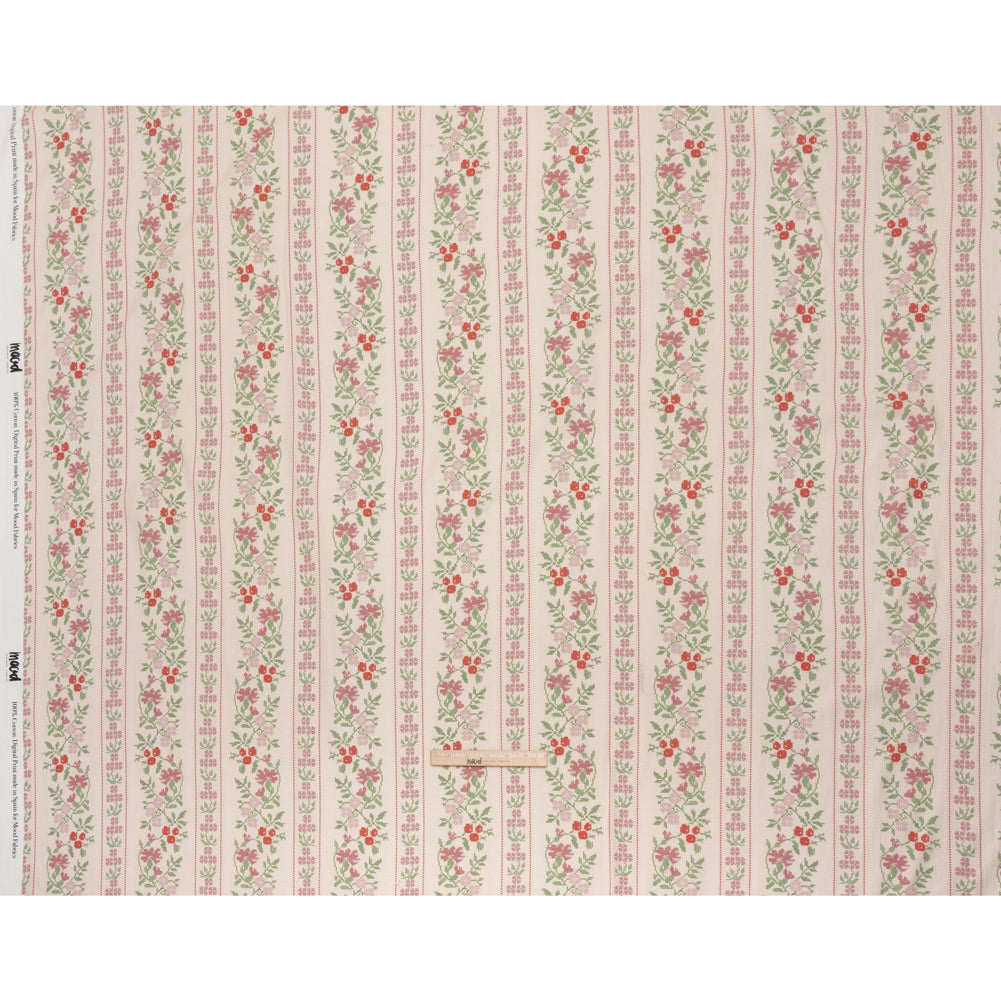 Slubbed Gauzy Cotton Woven - Pale Peach, Pink and Green Cross Stitch Berries and Flowers Stripes - Mood Exclusive Needlepoint Petals Print - Full