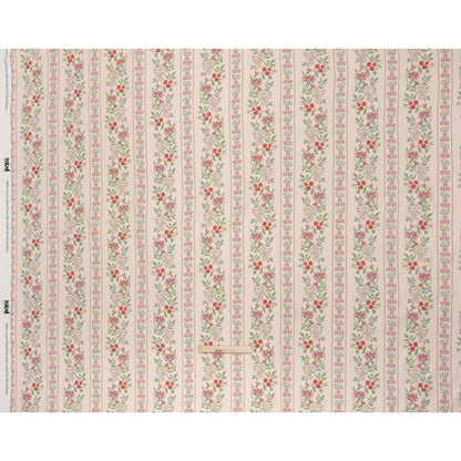 Slubbed Gauzy Cotton Woven - Pale Peach, Pink and Green Cross Stitch Berries and Flowers Stripes - Mood Exclusive Needlepoint Petals Print