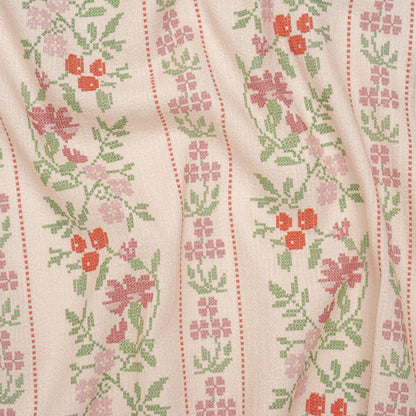 Slubbed Gauzy Cotton Woven - Pale Peach, Pink and Green Cross Stitch Berries and Flowers Stripes - Mood Exclusive Needlepoint Petals Print