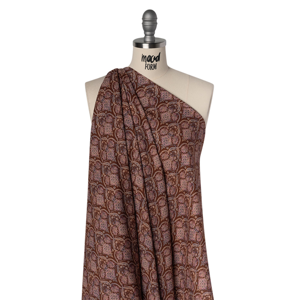 Slubbed Gauzy Cotton Woven - Burgundy, Pink and Blue Fancy Floral Tiles - Mood Exclusive Fairytale Scales Print - Drape