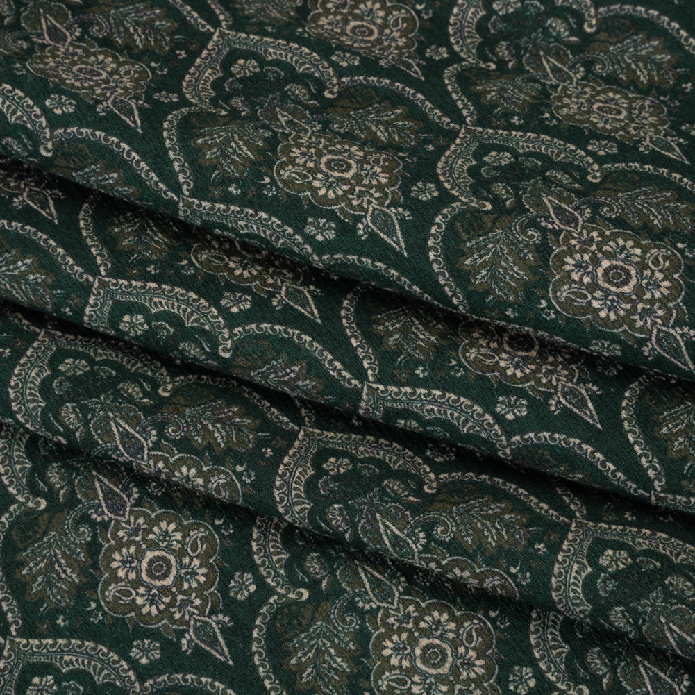 Slubbed Gauzy Cotton Woven - Deep Green, Beige and Olive Fancy Floral Tiles - Mood Exclusive Fairytale Scales Print - Folded