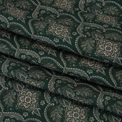 Slubbed Gauzy Cotton Woven - Deep Green, Beige and Olive Fancy Floral Tiles - Mood Exclusive Fairytale Scales Print