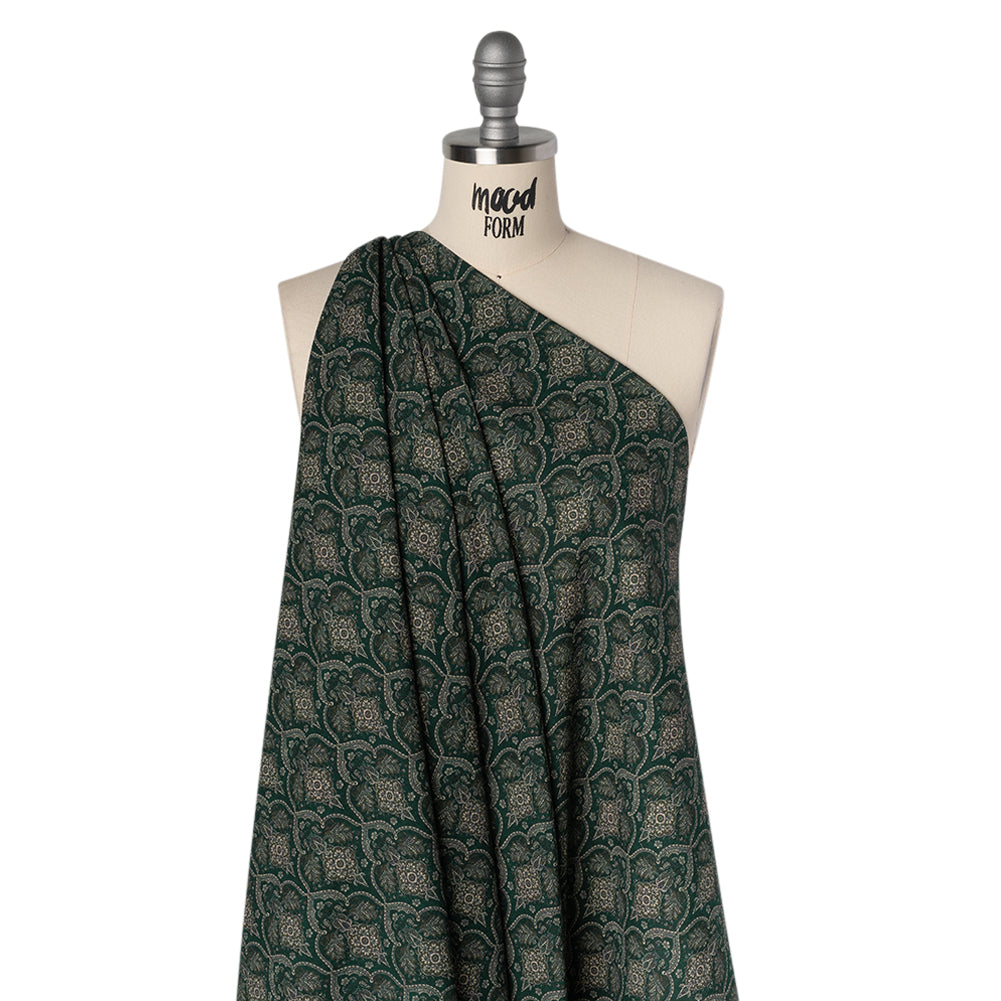 Slubbed Gauzy Cotton Woven - Deep Green, Beige and Olive Fancy Floral Tiles - Mood Exclusive Fairytale Scales Print - Drape
