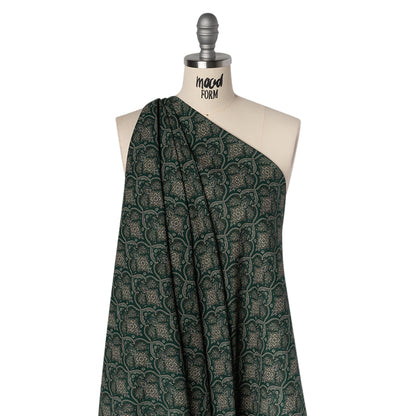 Slubbed Gauzy Cotton Woven - Deep Green, Beige and Olive Fancy Floral Tiles - Mood Exclusive Fairytale Scales Print
