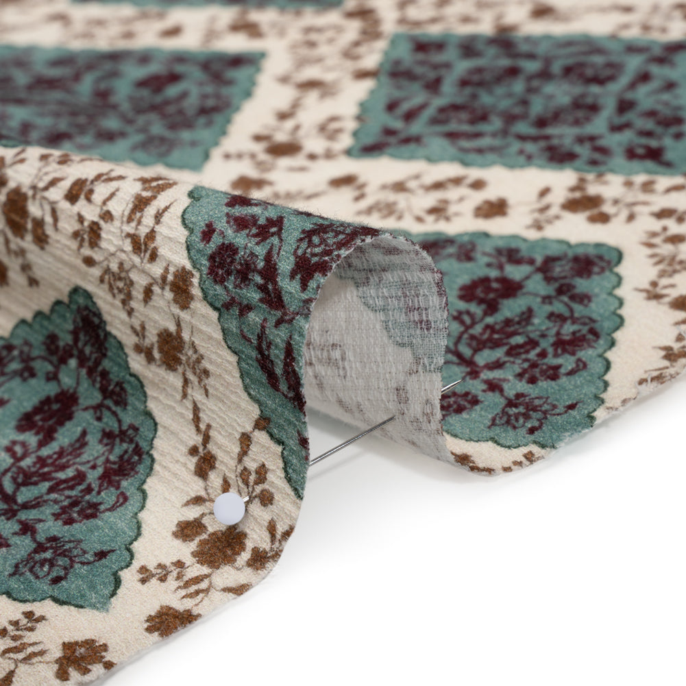 Slubbed Gauzy Cotton Woven - Cream, Dusty Teal and Burgundy Floral Diamonds - Mood Exclusive Garden Grid Print - Detail