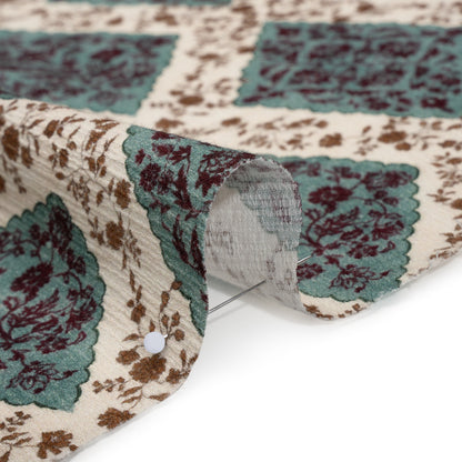 Slubbed Gauzy Cotton Woven - Cream, Dusty Teal and Burgundy Floral Diamonds - Mood Exclusive Garden Grid Print