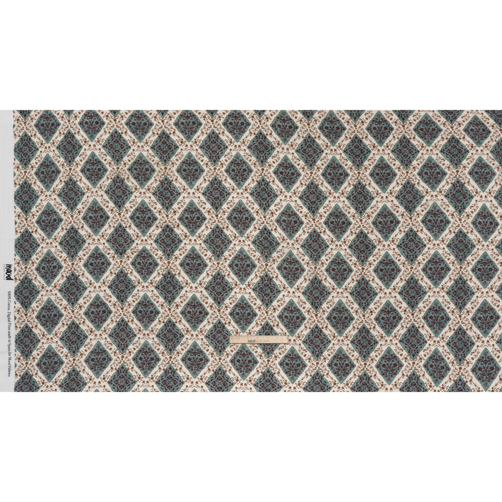 Slubbed Gauzy Cotton Woven - Cream, Dusty Teal and Burgundy Floral Diamonds - Mood Exclusive Garden Grid Print - Full
