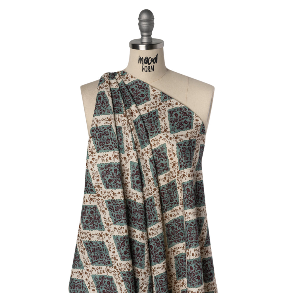 Slubbed Gauzy Cotton Woven - Cream, Dusty Teal and Burgundy Floral Diamonds - Mood Exclusive Garden Grid Print - Drape
