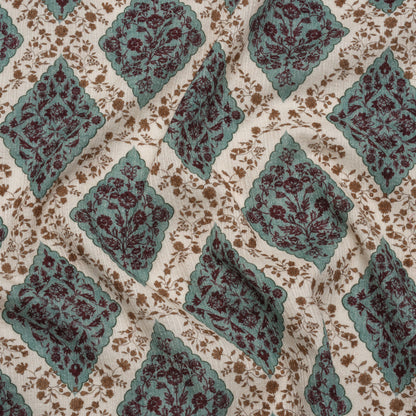 Slubbed Gauzy Cotton Woven - Cream, Dusty Teal and Burgundy Floral Diamonds - Mood Exclusive Garden Grid Print