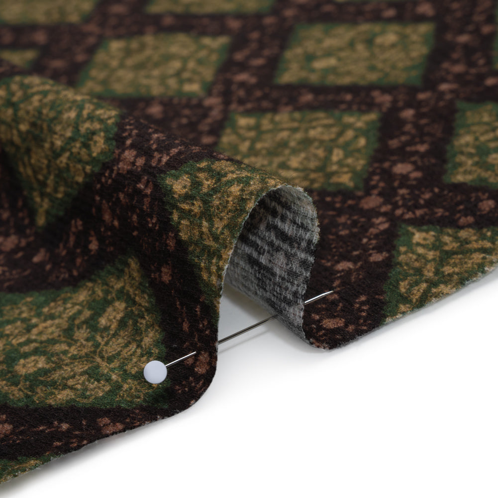 Slubbed Gauzy Cotton Woven - Dark Green, Black and Gilded Beige Small Floral Diamonds - Mood Exclusive Garden Grid Print - Detail