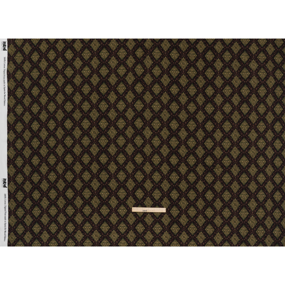 Slubbed Gauzy Cotton Woven - Dark Green, Black and Gilded Beige Small Floral Diamonds - Mood Exclusive Garden Grid Print - Full