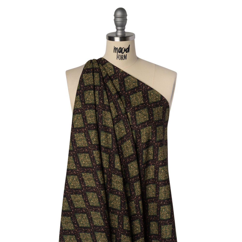 Slubbed Gauzy Cotton Woven - Dark Green, Black and Gilded Beige Small Floral Diamonds - Mood Exclusive Garden Grid Print - Drape