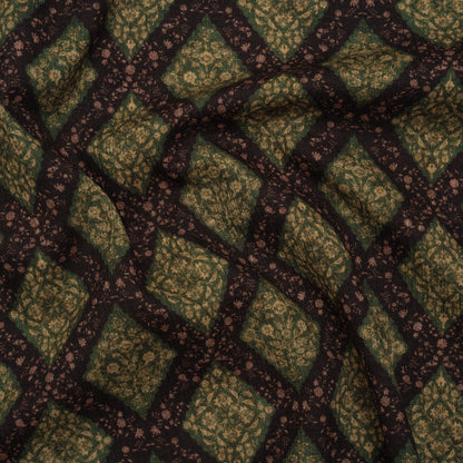 Slubbed Gauzy Cotton Woven - Dark Green, Black and Gilded Beige Small Floral Diamonds - Mood Exclusive Garden Grid Print