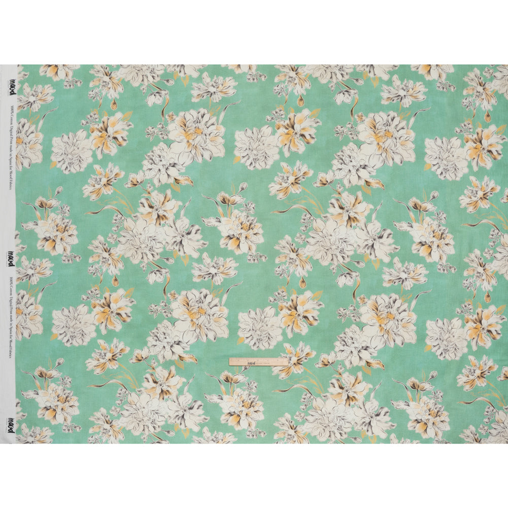 Slubbed Gauzy Cotton Woven - Mint Green, Golden Yellow and Off White Floral - Mood Exclusive Color Me Chrysanthemum Print - Full