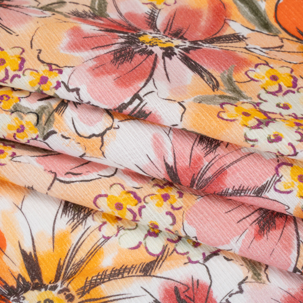 Slubbed Gauzy Cotton Woven - Light Pink, Creamsicle and Sun Yellow Floral - Mood Exclusive Hibiscus Heatwave Print - Folded