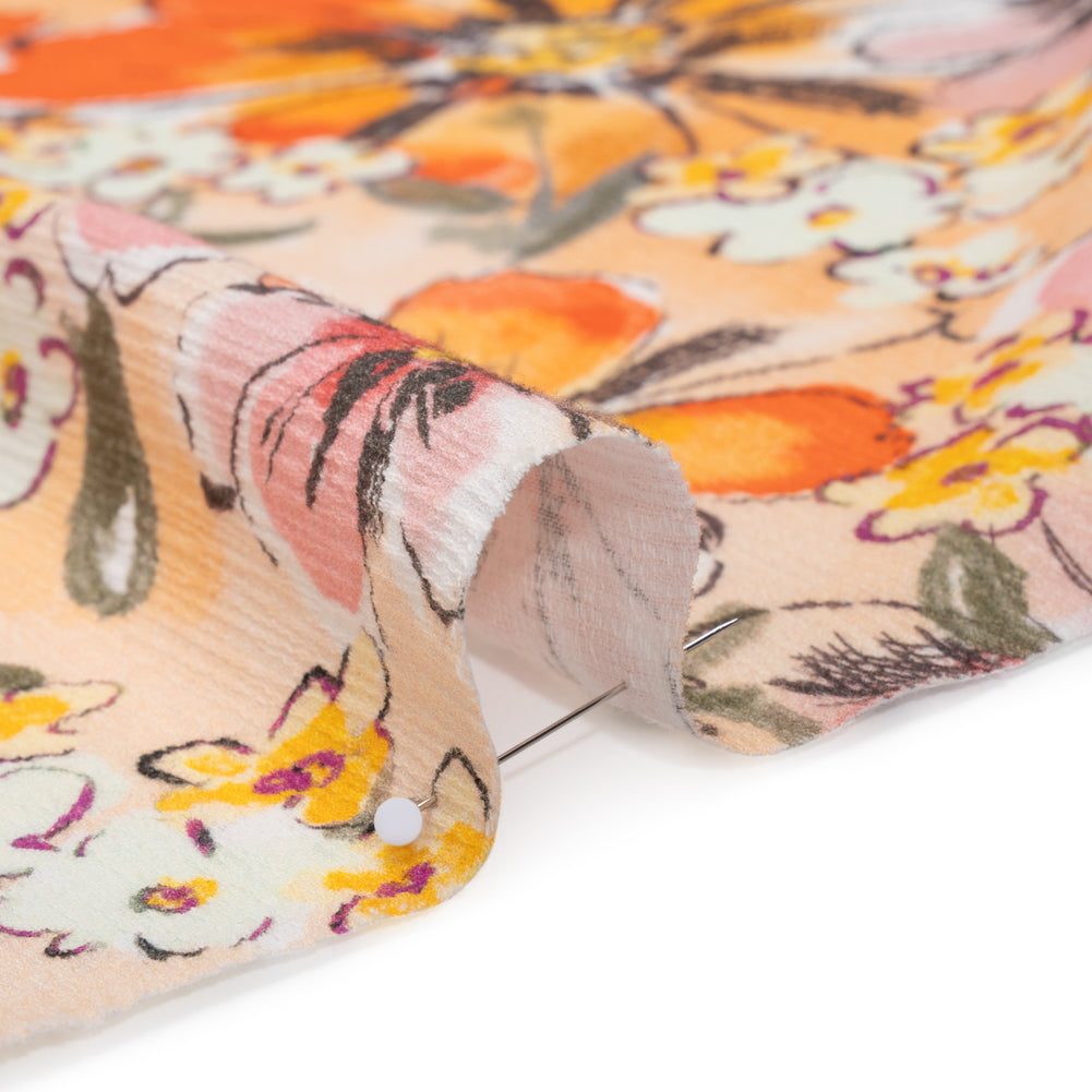 Slubbed Gauzy Cotton Woven - Light Pink, Creamsicle and Sun Yellow Floral - Mood Exclusive Hibiscus Heatwave Print - Detail
