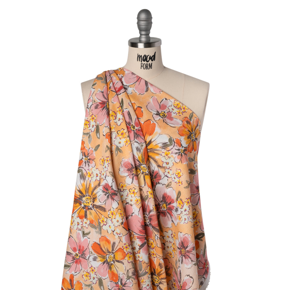 Slubbed Gauzy Cotton Woven - Light Pink, Creamsicle and Sun Yellow Floral - Mood Exclusive Hibiscus Heatwave Print - Drape