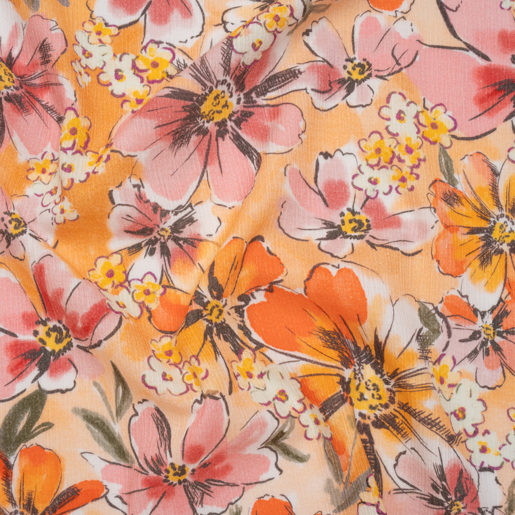 Slubbed Gauzy Cotton Woven - Light Pink, Creamsicle and Sun Yellow Floral - Mood Exclusive Hibiscus Heatwave Print