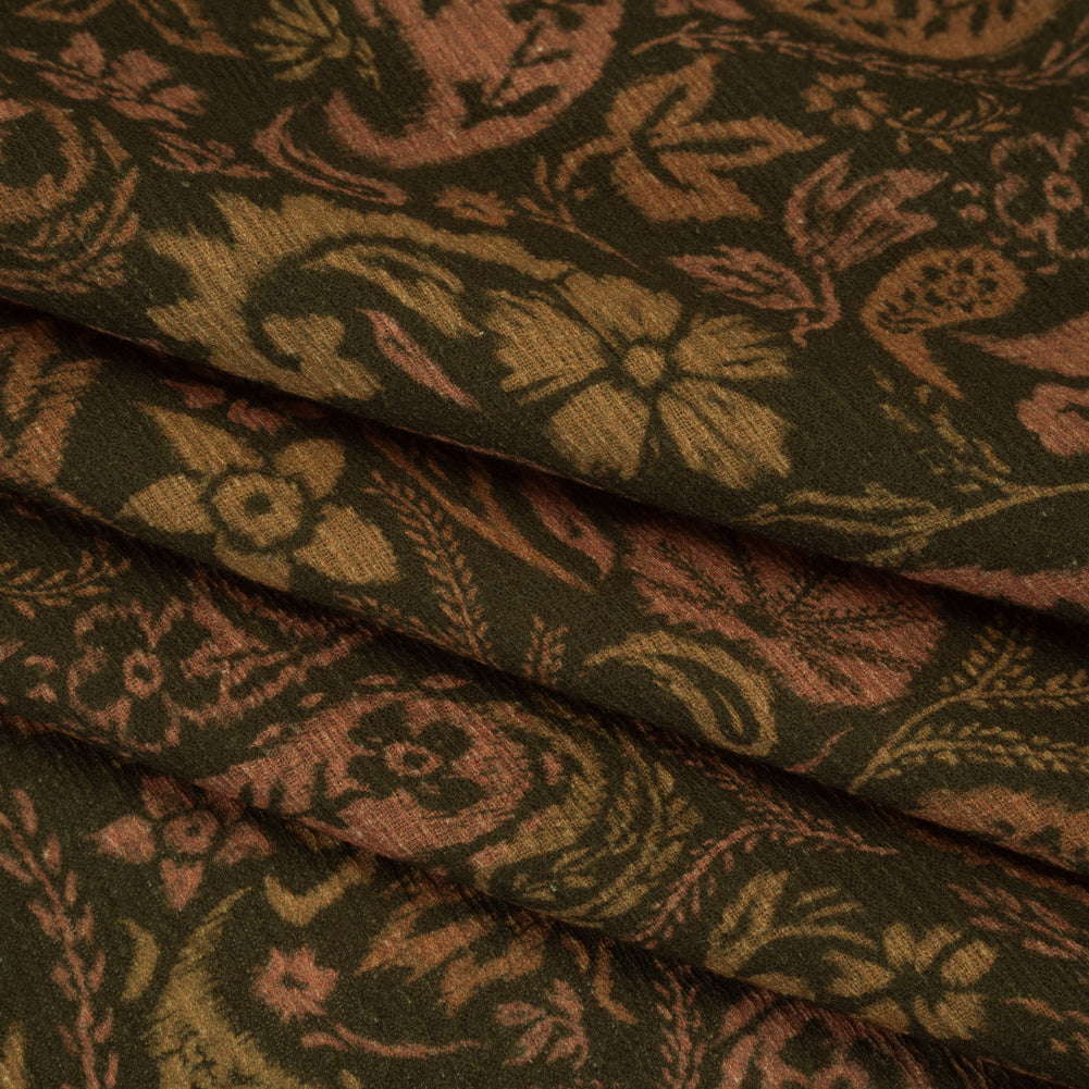 Slubbed Gauzy Cotton Woven - Dark Olive Green, Brown and Blush Tan Woodland Paisley - Mood Exclusive Woodland Whorls Print - Folded