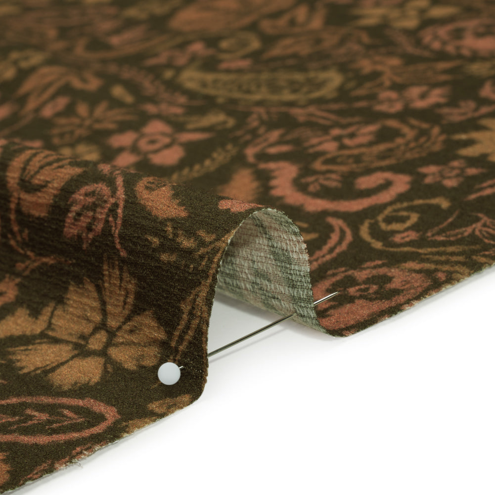 Slubbed Gauzy Cotton Woven - Dark Olive Green, Brown and Blush Tan Woodland Paisley - Mood Exclusive Woodland Whorls Print - Detail