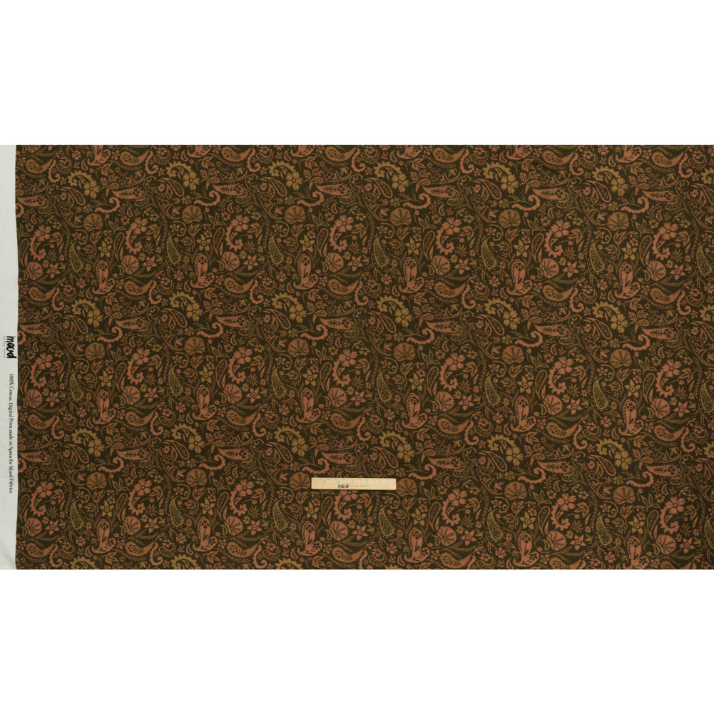 Slubbed Gauzy Cotton Woven - Dark Olive Green, Brown and Blush Tan Woodland Paisley - Mood Exclusive Woodland Whorls Print - Full