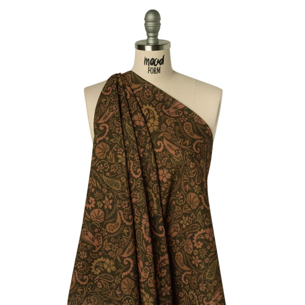 Slubbed Gauzy Cotton Woven - Dark Olive Green, Brown and Blush Tan Woodland Paisley - Mood Exclusive Woodland Whorls Print - Drape