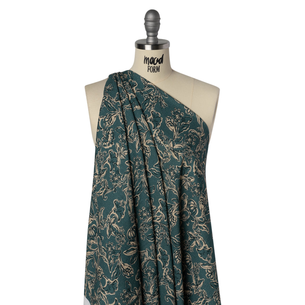 Slubbed Gauzy Cotton Woven - Sea Blue, Cream and Black Floral - Mood Exclusive Cottage Crawl Print - Drape