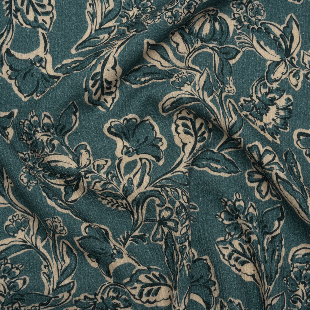 Slubbed Gauzy Cotton Woven - Sea Blue, Cream and Black Floral - Mood Exclusive Cottage Crawl Print