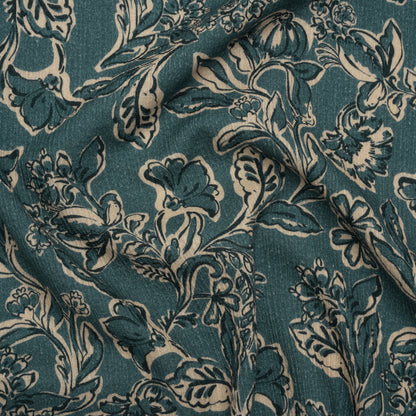 Slubbed Gauzy Cotton Woven - Sea Blue, Cream and Black Floral - Mood Exclusive Cottage Crawl Print