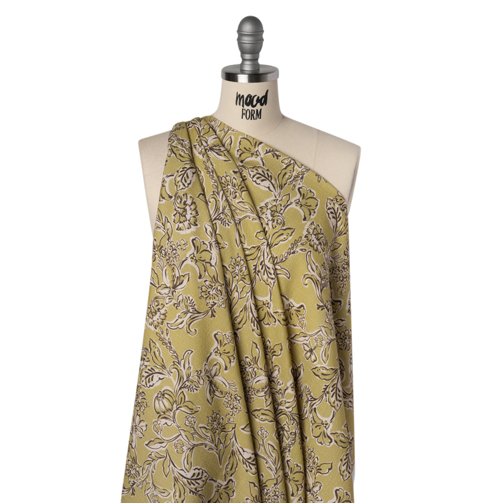 Slubbed Gauzy Cotton Woven - Pistachio Green, Cream and Dark Brown Floral - Mood Exclusive Cottage Crawl Print - Drape