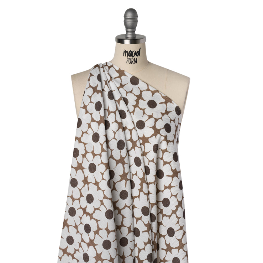 Slubbed Gauzy Cotton Woven - Brown and White Retro Daisies - Mood Exclusive Dancing Daisies Print - Drape