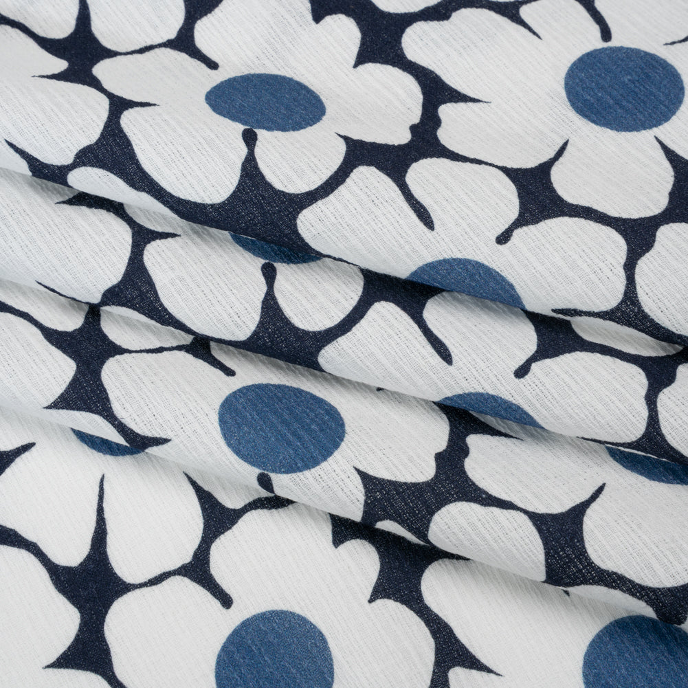 Slubbed Gauzy Cotton Woven - Navy, Blue and White Retro Daisies - Mood Exclusive Dancing Daisies Print - Folded