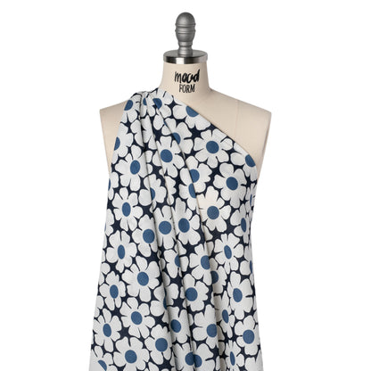 Slubbed Gauzy Cotton Woven - Navy, Blue and White Retro Daisies - Mood Exclusive Dancing Daisies Print