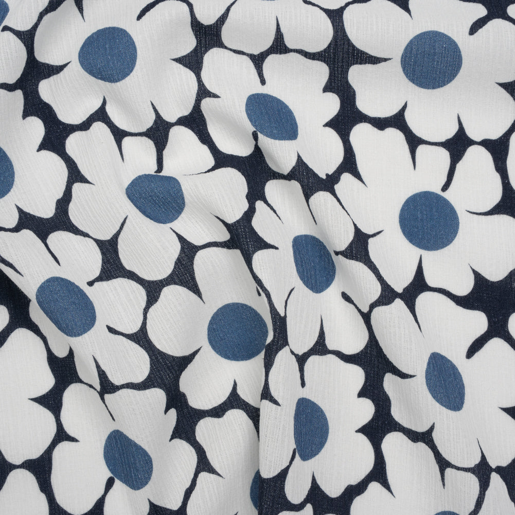 Slubbed Gauzy Cotton Woven - Navy, Blue and White Retro Daisies - Mood Exclusive Dancing Daisies Print