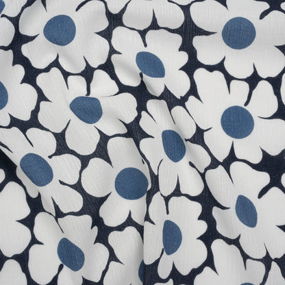 Slubbed Gauzy Cotton Woven - Navy, Blue and White Retro Daisies - Mood Exclusive Dancing Daisies Print