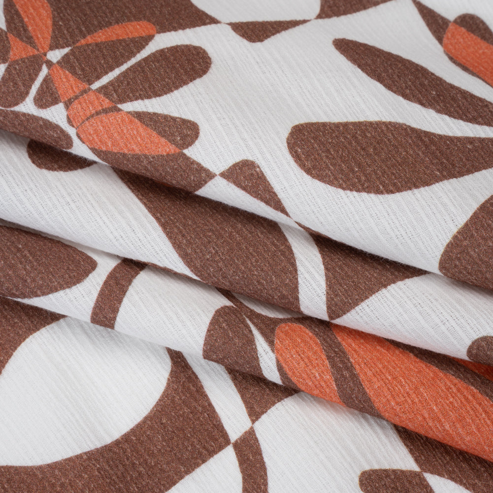 Slubbed Gauzy Cotton Woven - Brown, Coral and White Retro Geometric Patchwork and Flowers - Mood Exclusive Graphic Garden Print - Folded