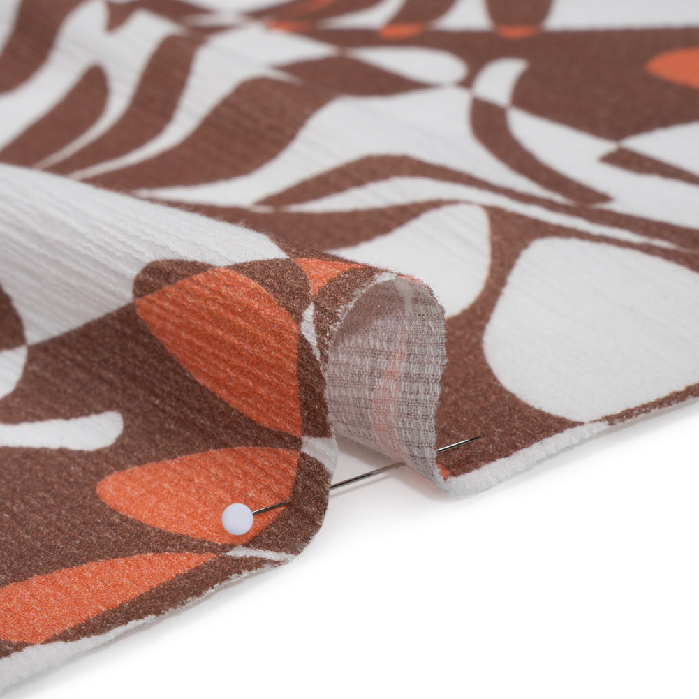 Slubbed Gauzy Cotton Woven - Brown, Coral and White Retro Geometric Patchwork and Flowers - Mood Exclusive Graphic Garden Print - Detail