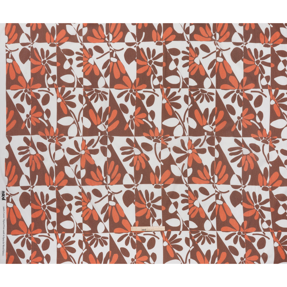 Slubbed Gauzy Cotton Woven - Brown, Coral and White Retro Geometric Patchwork and Flowers - Mood Exclusive Graphic Garden Print - Full