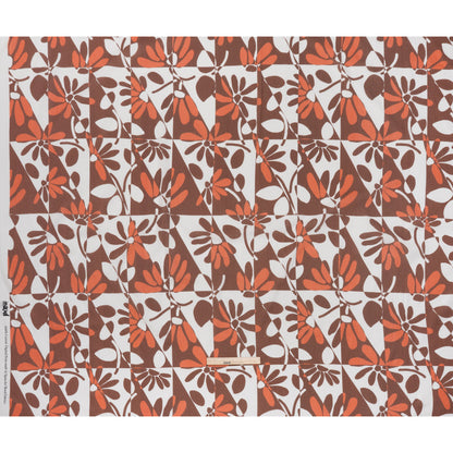 Slubbed Gauzy Cotton Woven - Brown, Coral and White Retro Geometric Patchwork and Flowers - Mood Exclusive Graphic Garden Print