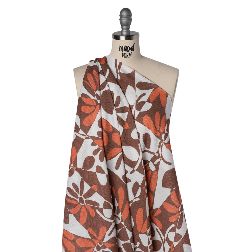 Slubbed Gauzy Cotton Woven - Brown, Coral and White Retro Geometric Patchwork and Flowers - Mood Exclusive Graphic Garden Print - Drape