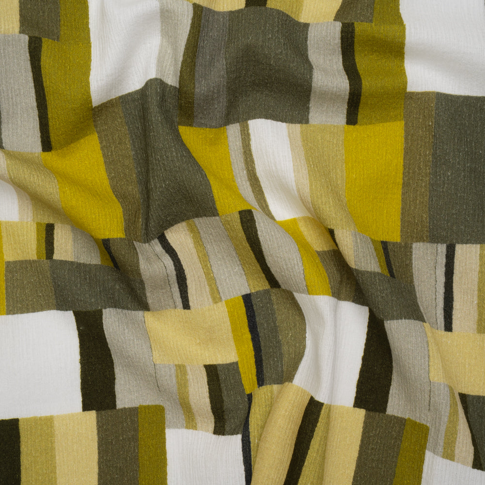 Slubbed Gauzy Cotton Woven - Golden Olive, Light Yellow and Dark Olive Green Blocks - Mood Exclusive Geode Geometry Print
