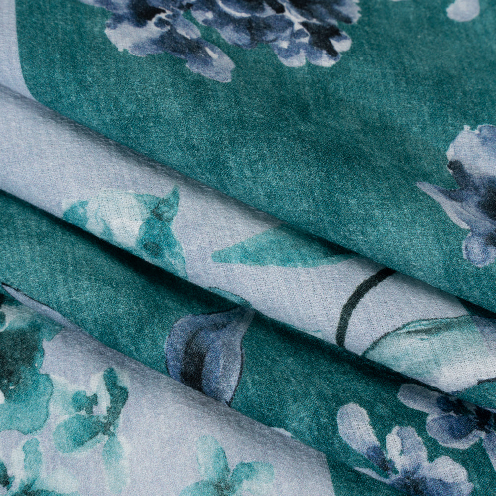 Slubbed Gauzy Cotton Woven - Teal and Blue Big Floral Checkerboard - Mood Exclusive Checkerbloom Print - Folded