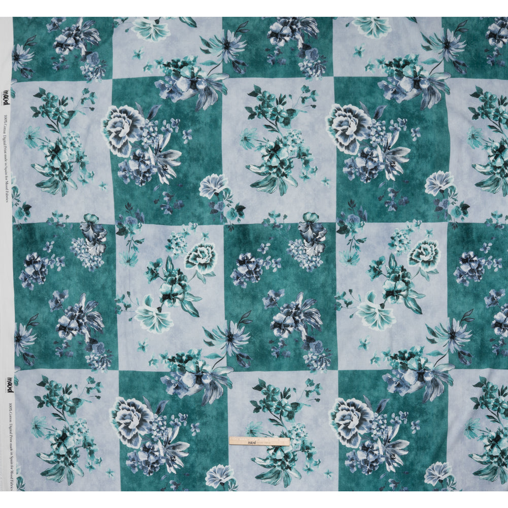 Slubbed Gauzy Cotton Woven - Teal and Blue Big Floral Checkerboard - Mood Exclusive Checkerbloom Print - Full