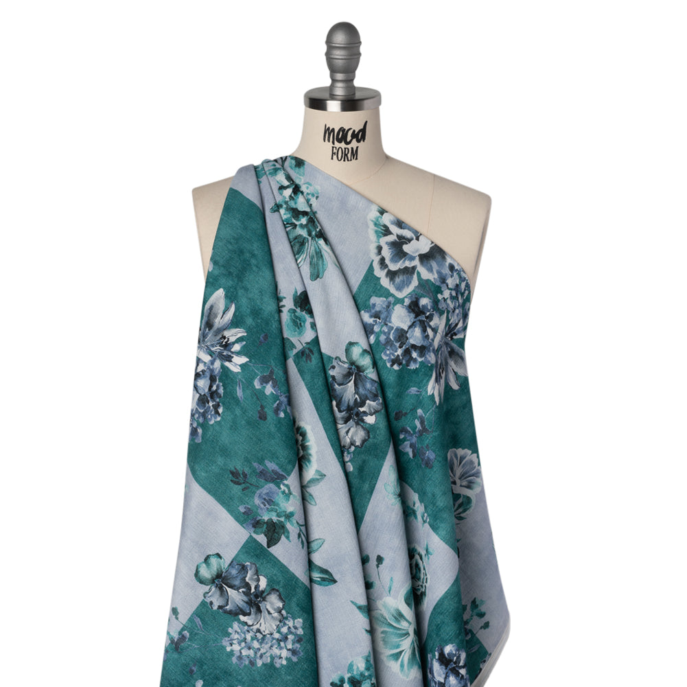 Slubbed Gauzy Cotton Woven - Teal and Blue Big Floral Checkerboard - Mood Exclusive Checkerbloom Print - Drape