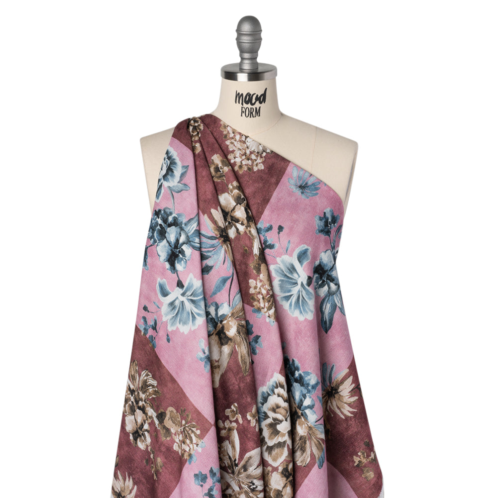 Slubbed Gauzy Cotton Woven - Rose, Brown and Blue Big Floral Checkerboard - Mood Exclusive Checkerbloom Print - Drape